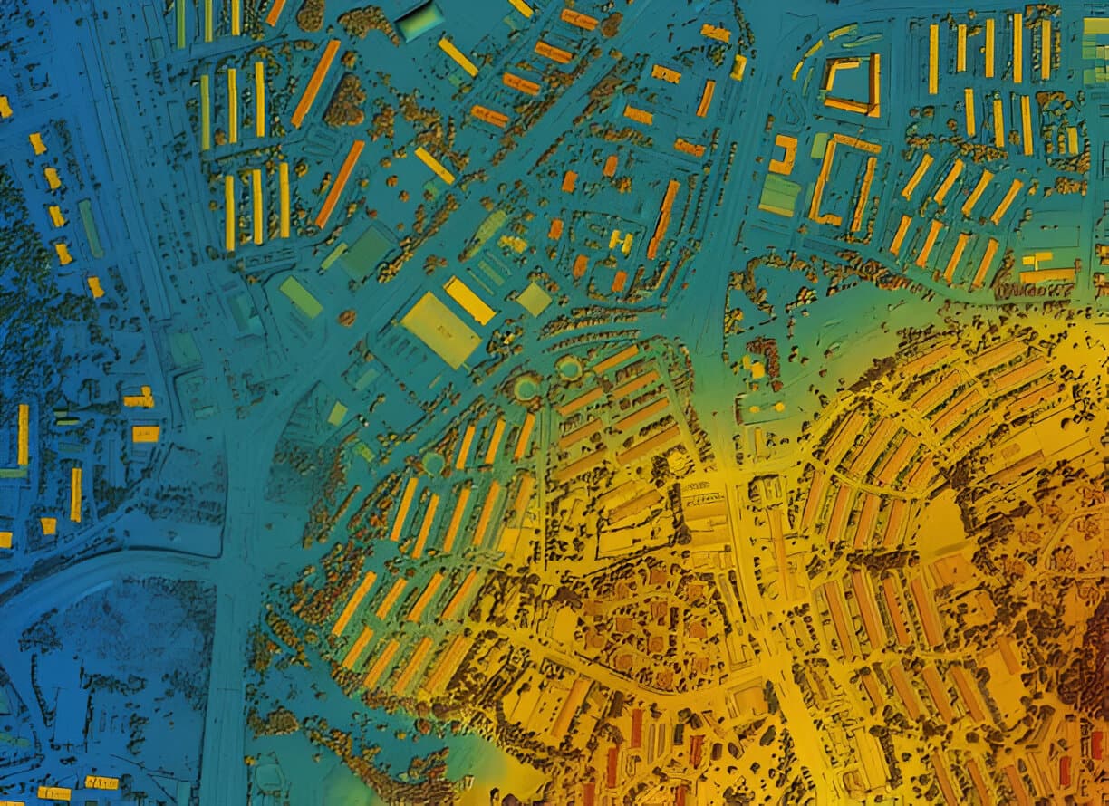 Colour-coded GIS elevation map of an urban area