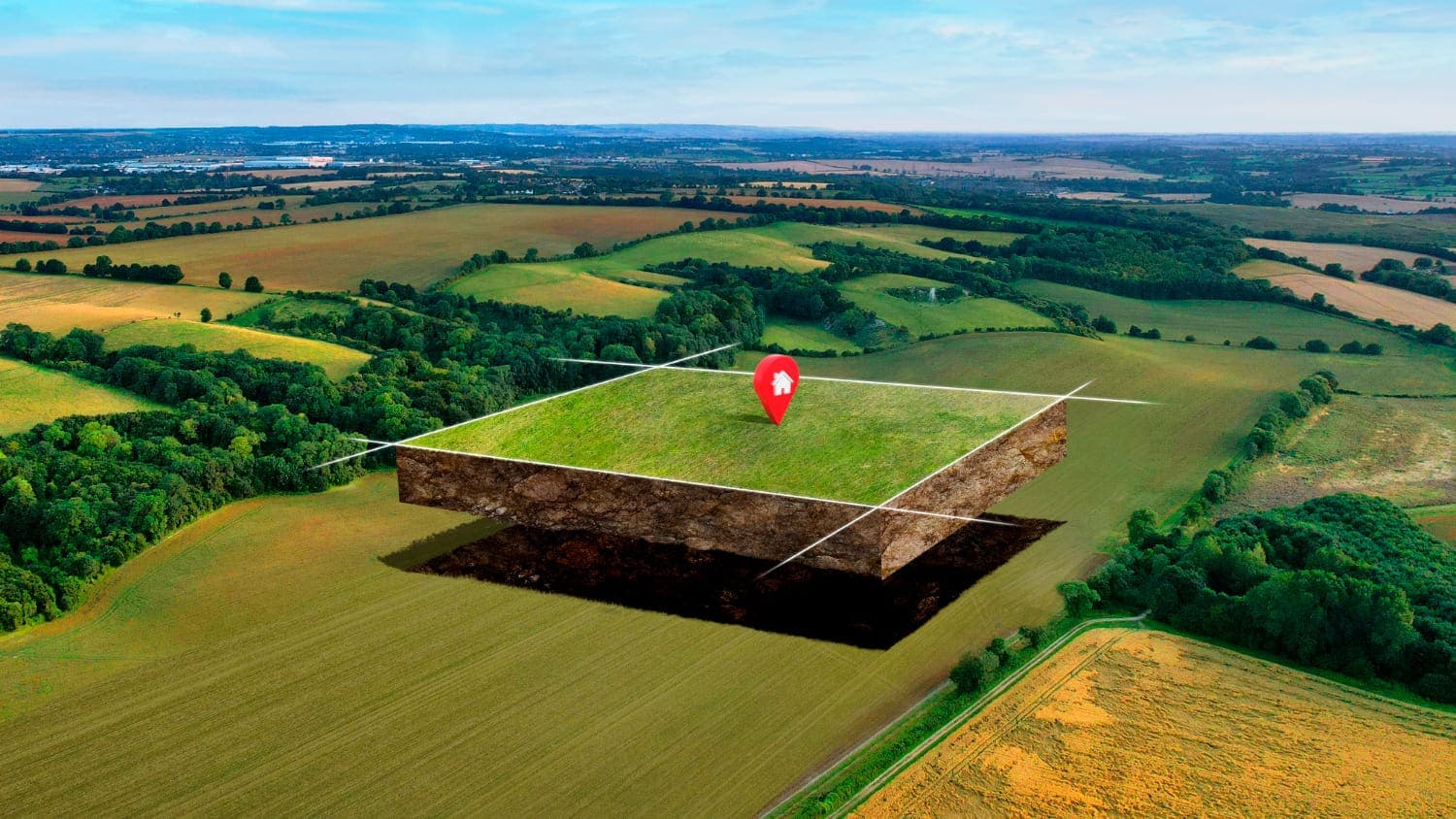 Aerial illustration of a single land parcel lifted from the surrounding farmland