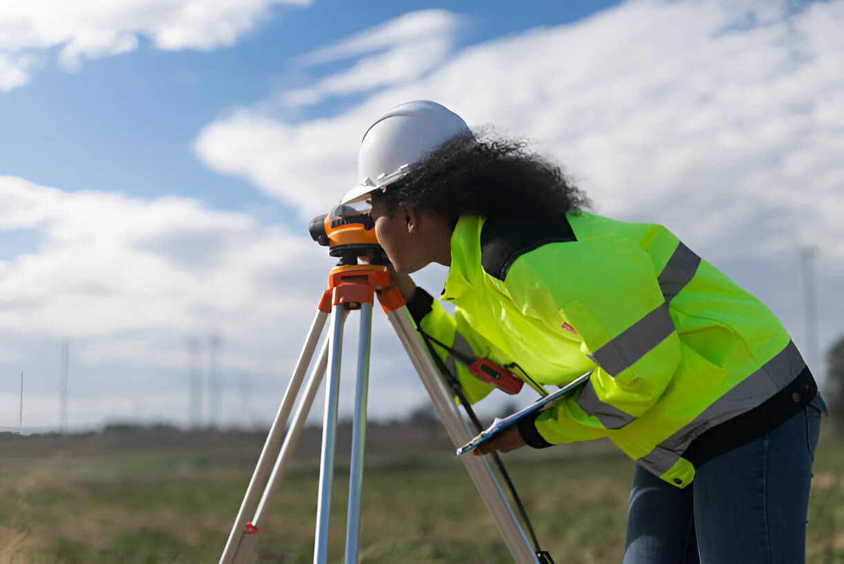 Surveyor operating a total station in the field